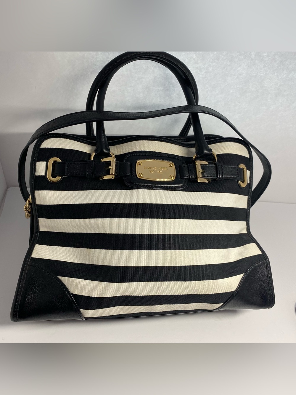 Michael Kors Black and White Striped Canvas Satchel with Gold Hardware